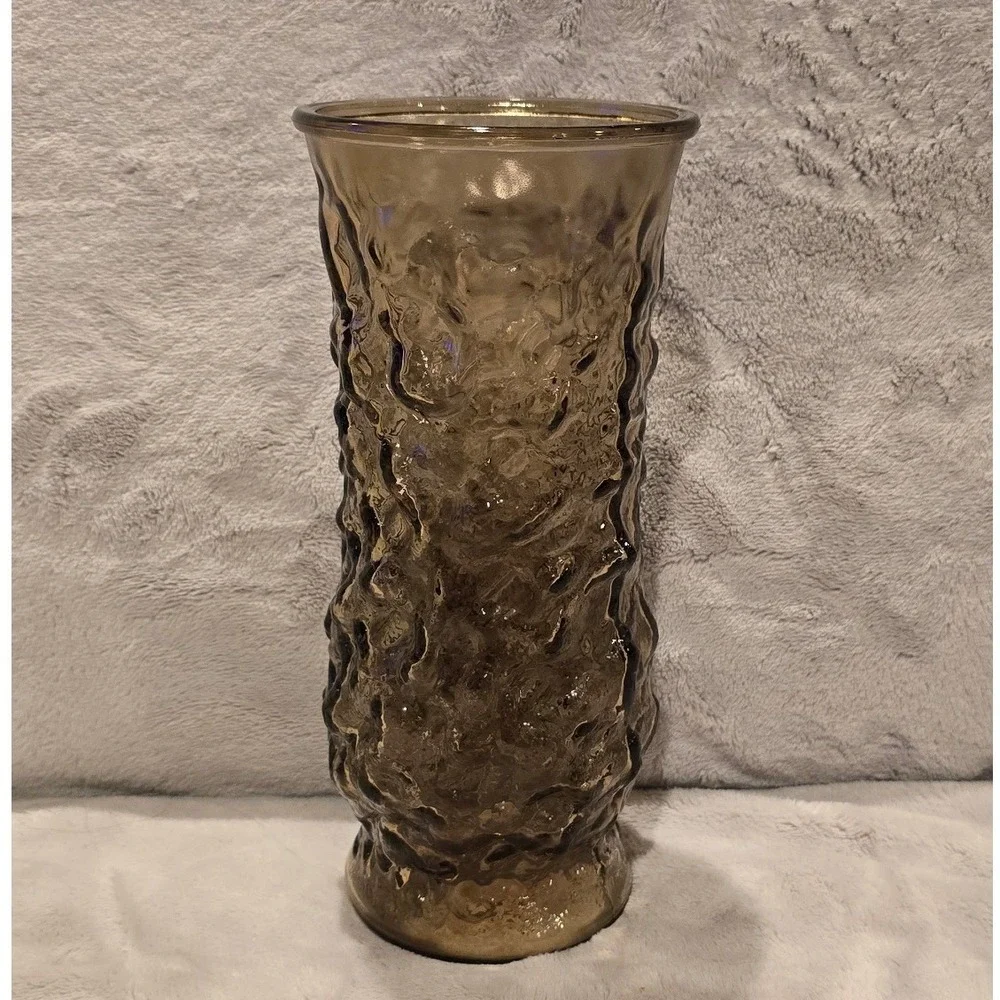 Vintage EO Brody Co Amber Smoke Glass Crinkle Textured Vase Cleveland OH